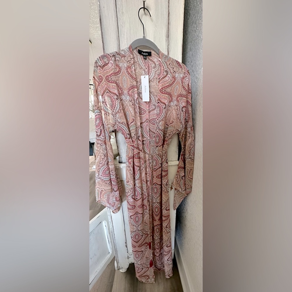 AAKAA Pink Paisley Bell Sleeve Long Kimono